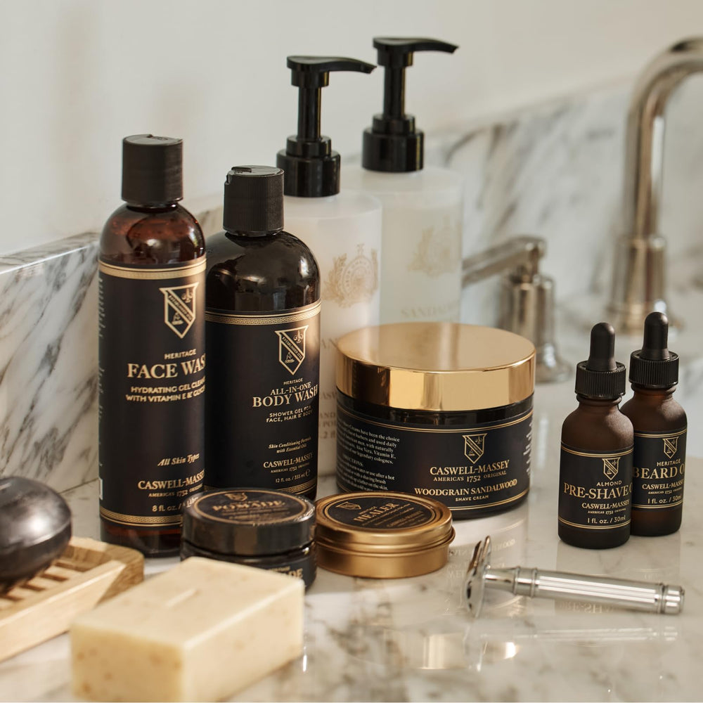 Caswell-Massey shave cream in bathroom scene supporting a daily grooming ritual.