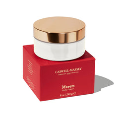 Caswell-Massey Marem Body Cream jar demonstrates velvety hydration for soft skin.