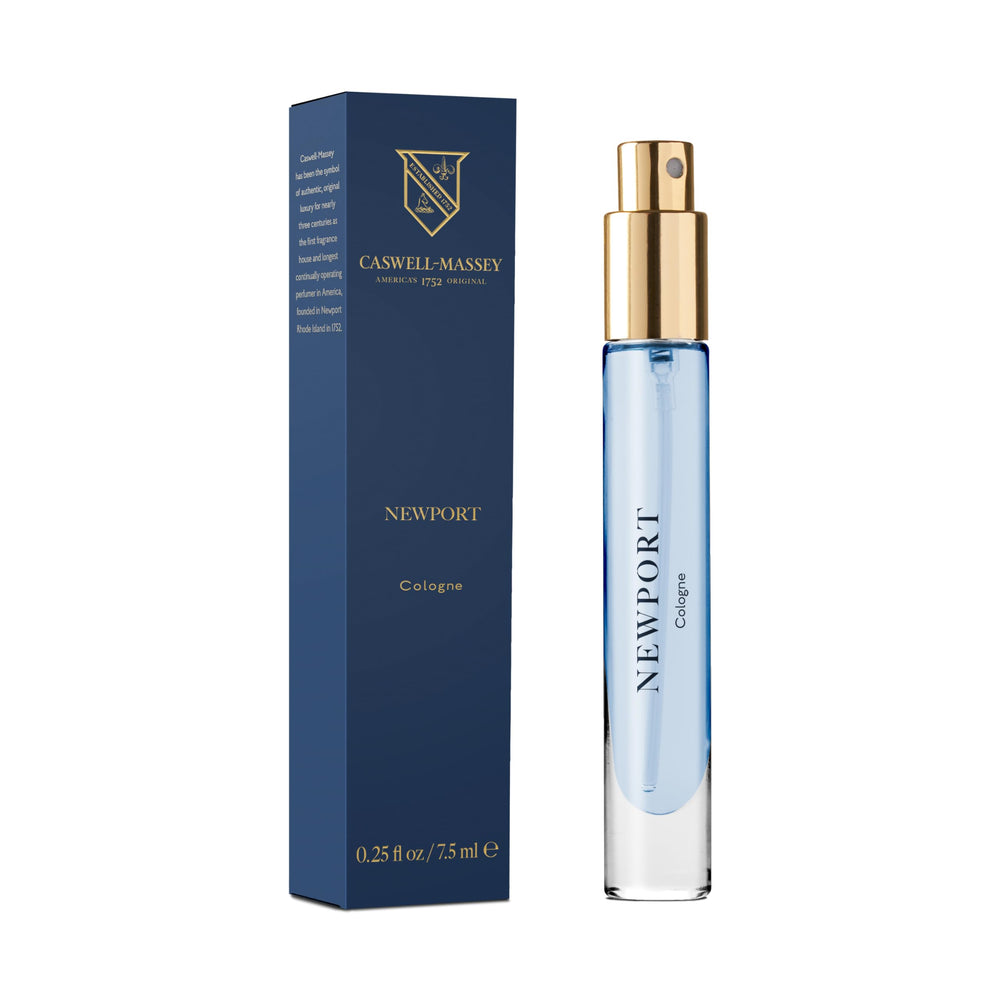 Caswell-Massey Newport bottle pour highlights portable fragrance for travel.