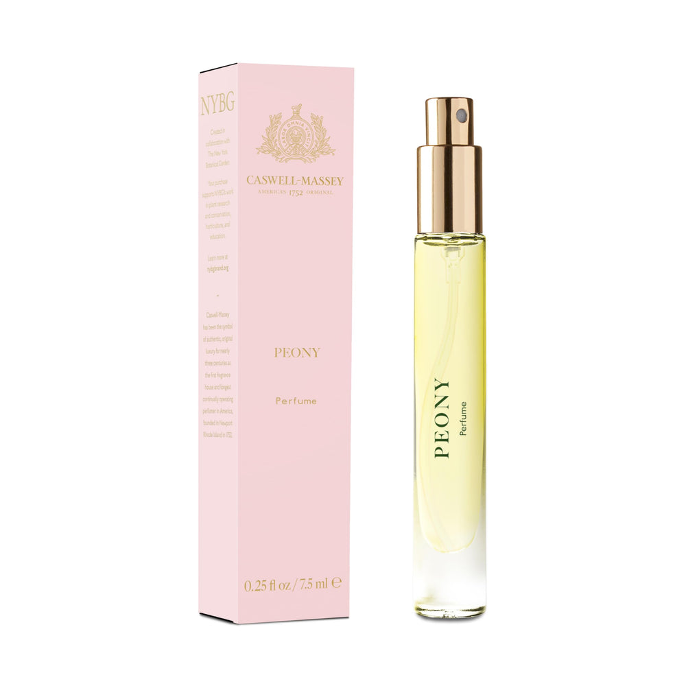Caswell-Massey Peony perfume spray bottle on vanity for daily wear