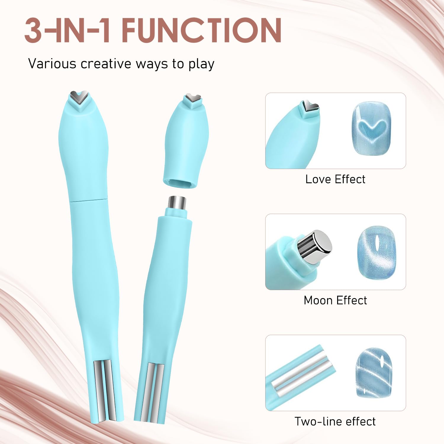 3-in-1 Cat Eye Nail Magnet setup shows quick, simple use steps.