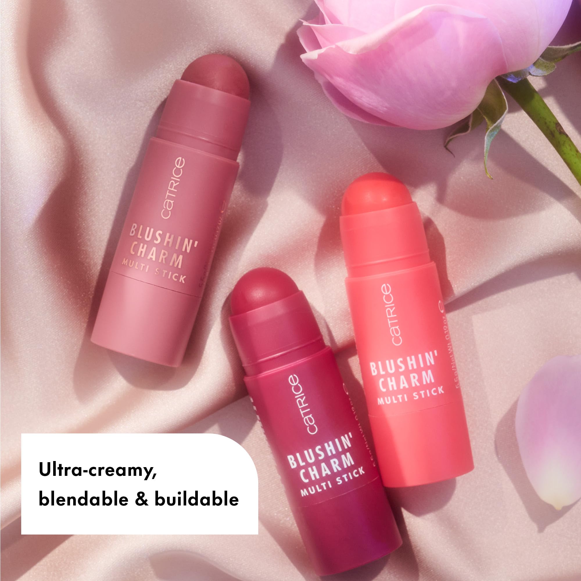 Catrice Blushin' Charm Multi Stick used on cheeks and lips for cohesive color.
