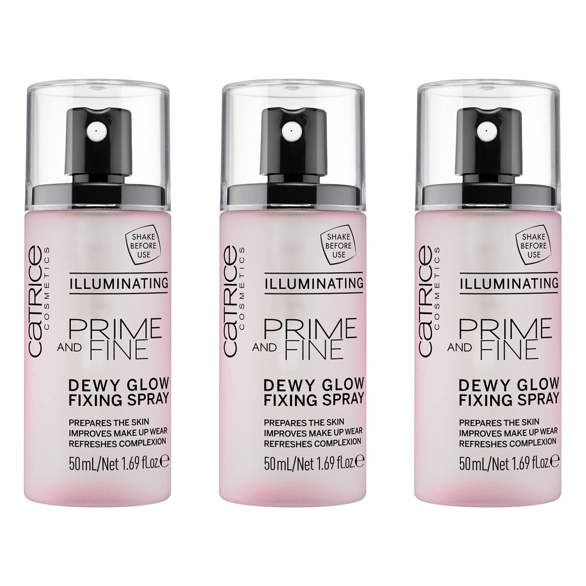 Catrice Prime & Fine Dewy Glow Spray three-pack bottle pour for quick priming.