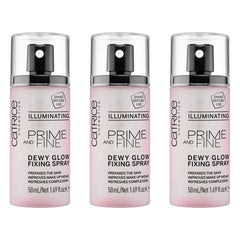 Catrice Prime & Fine Dewy Glow Spray three-pack bottle pour for quick priming.