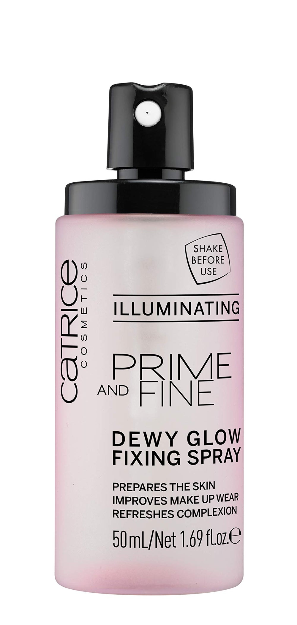 Catrice Prime & Fine Dewy Glow Spray transparent finish for natural radiance.