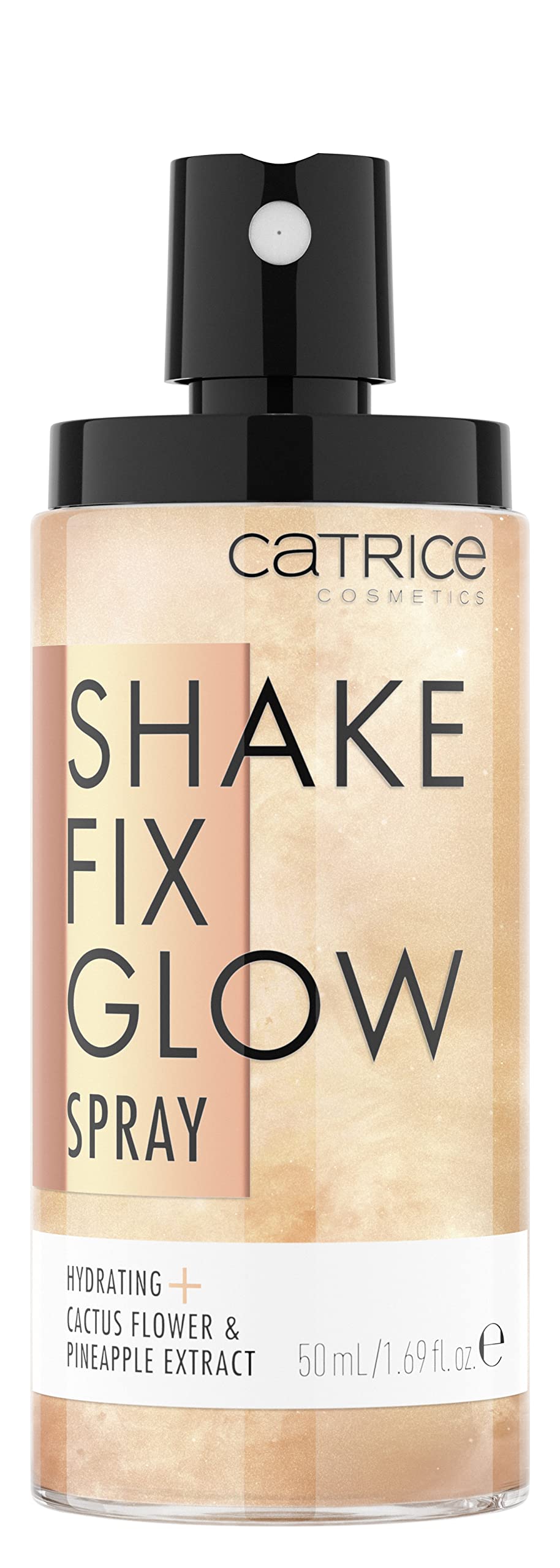 Catrice Shake Fix Glow Spray mist application demonstrates even mist for a dewy finish.