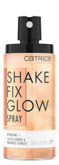 Catrice Shake Fix Glow Spray mist application demonstrates even mist for a dewy finish.