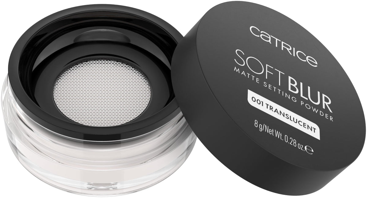 Catrice Soft Blur Loose Setting Powder bottle close-up with pore-blurring finish.