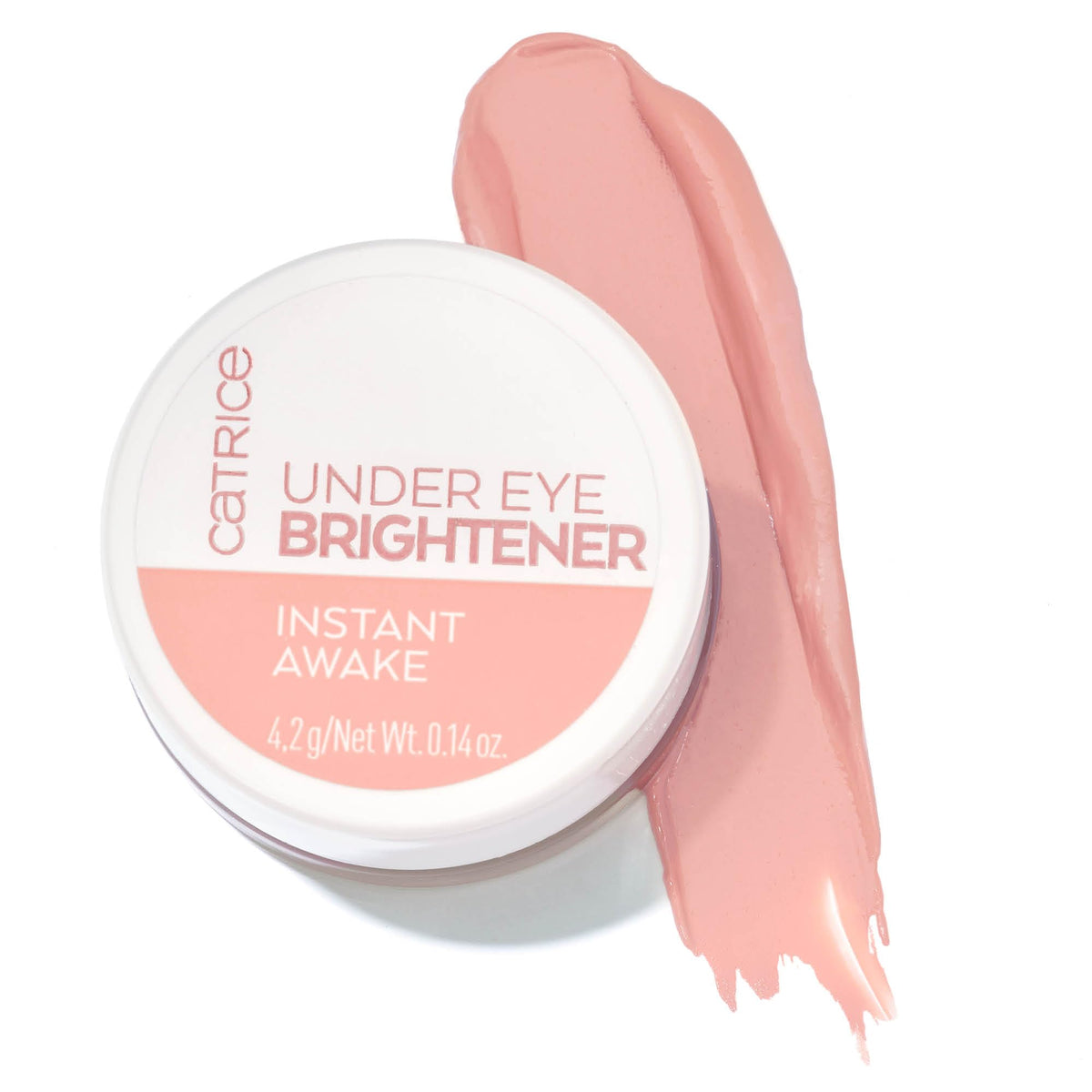 Catrice Under Eye Brightener tube close-up showing soft pink formula for brightening under-eye areas