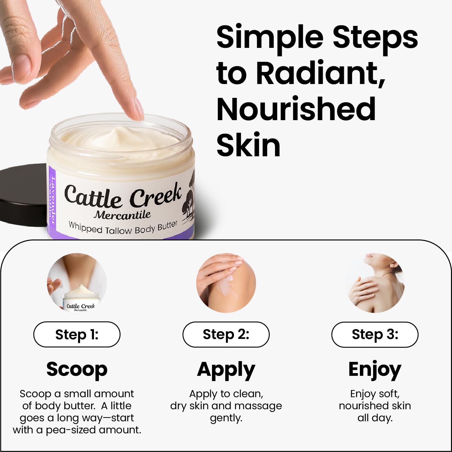 Cattle Creek jar with lavender-vanilla label evokes spa-like ritual at home.