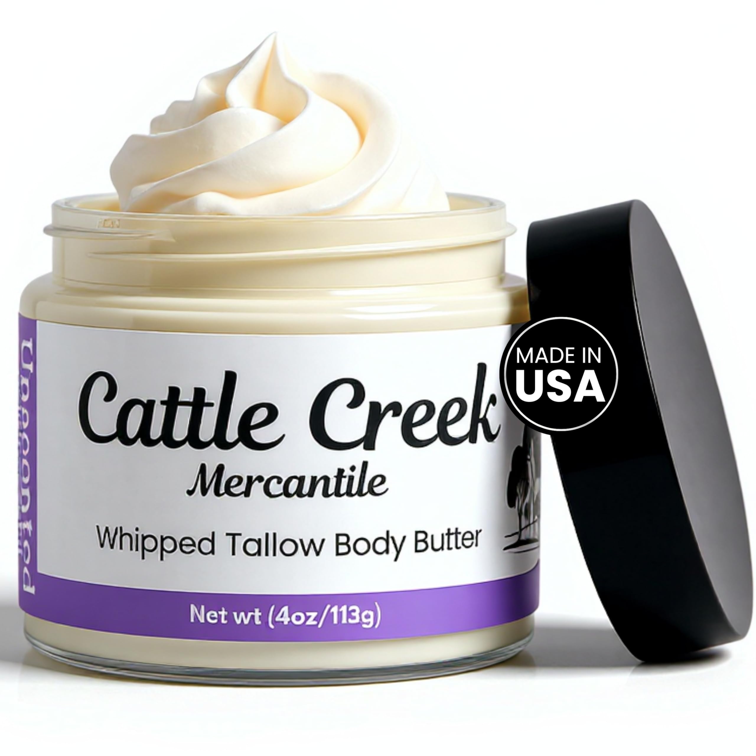Cattle Creek Whipped Beef Tallow jar shows creamy texture for deep moisturization on dry skin.