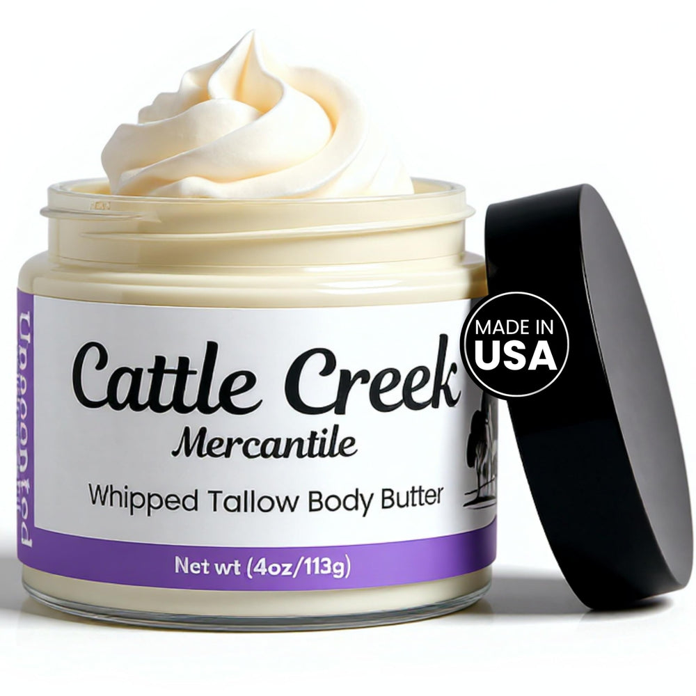 Cattle Creek Whipped Beef Tallow jar shows creamy texture for deep moisturization on dry skin.