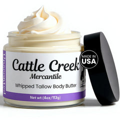 Cattle Creek Whipped Beef Tallow jar shows creamy texture for deep moisturization on dry skin.