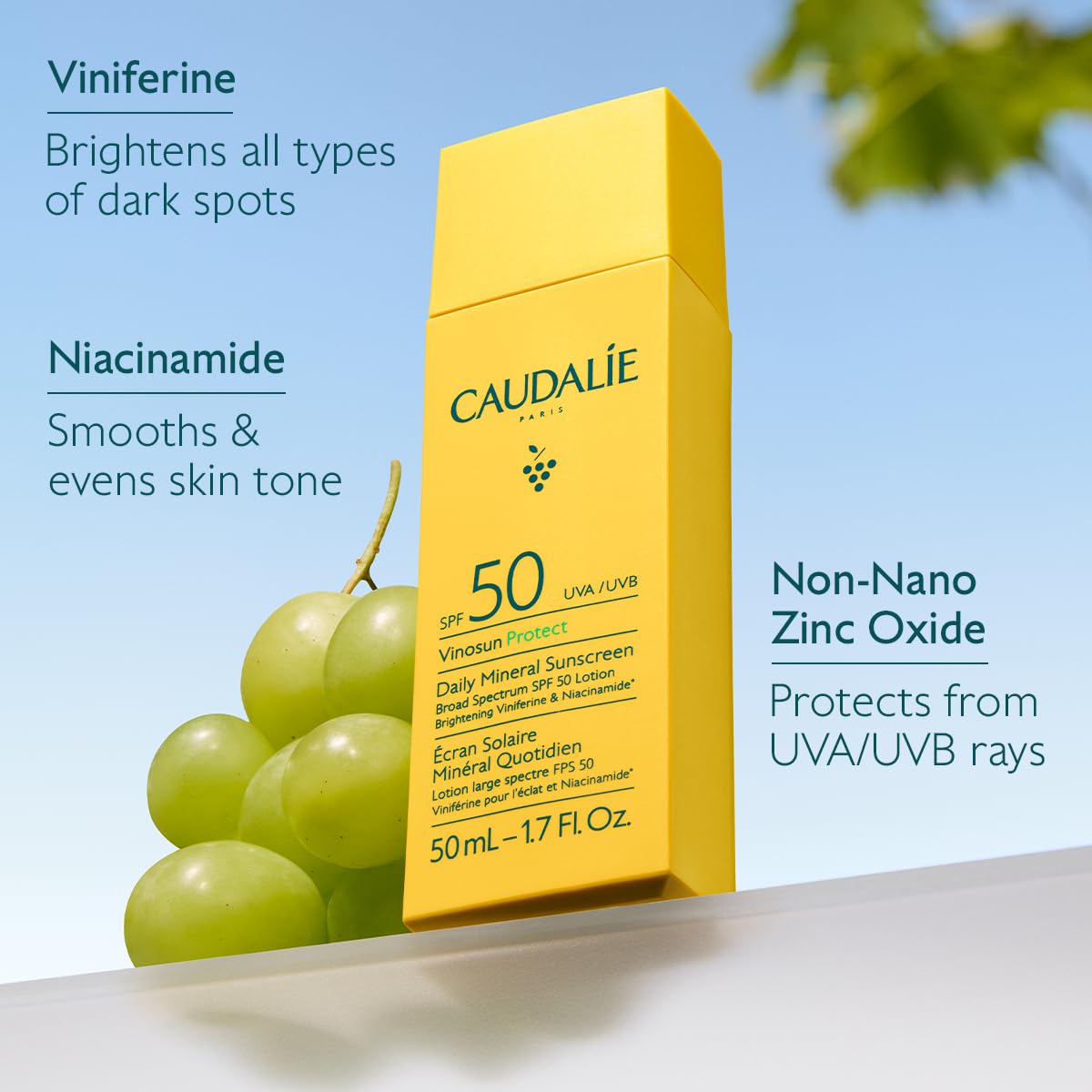 Caudalie Vinosun Protect bottle back, dermatologically tested and fragrance-free