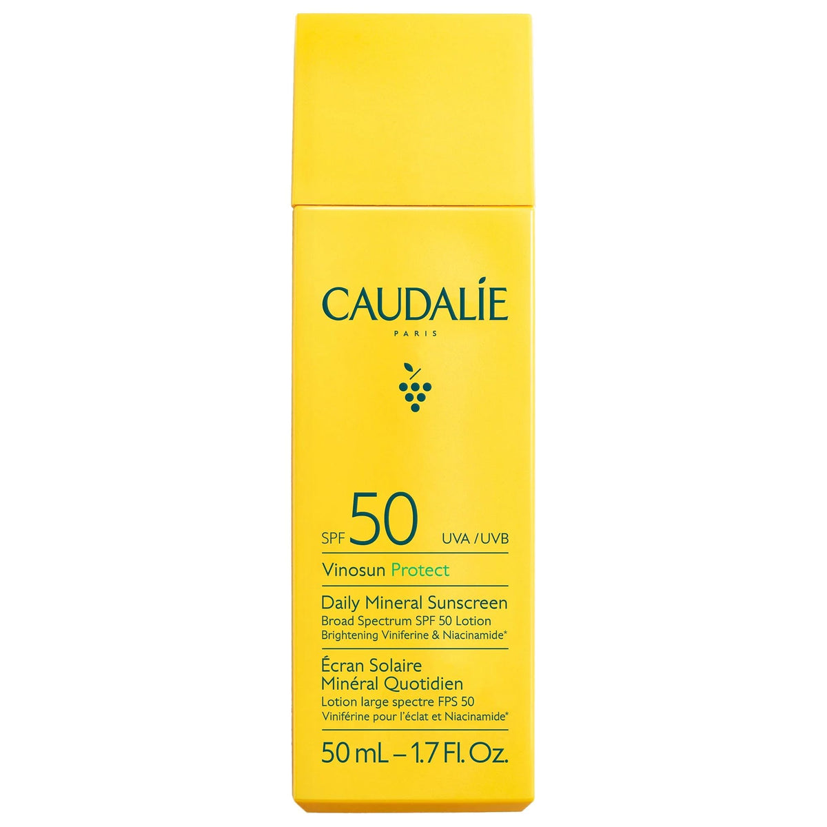Caudalie Vinosun Protect bottle front with daily SPF50 protection under makeup