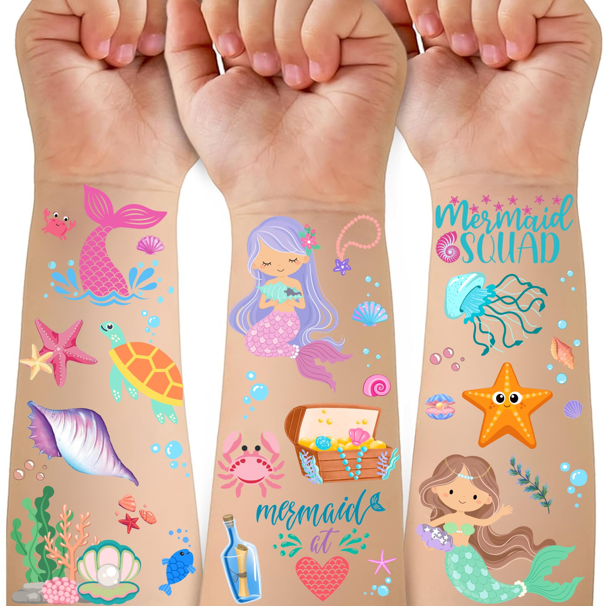 CAVALATAT mermaid tattoos 50-piece pack for vibrant kids' party fun.
