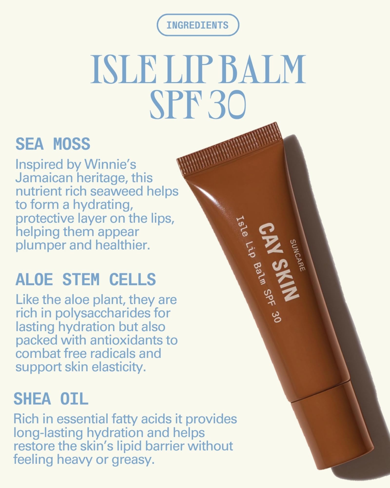 Vanilla Brown Sugar flavor Isle Lip Balm on product surface for subtle tint.