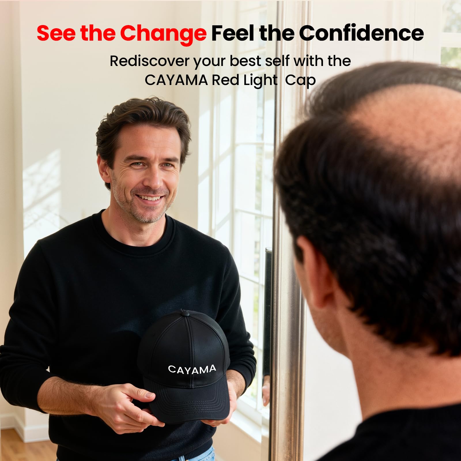 CAYAMA cap concentrates light on frontal hairline to address thinning areas.