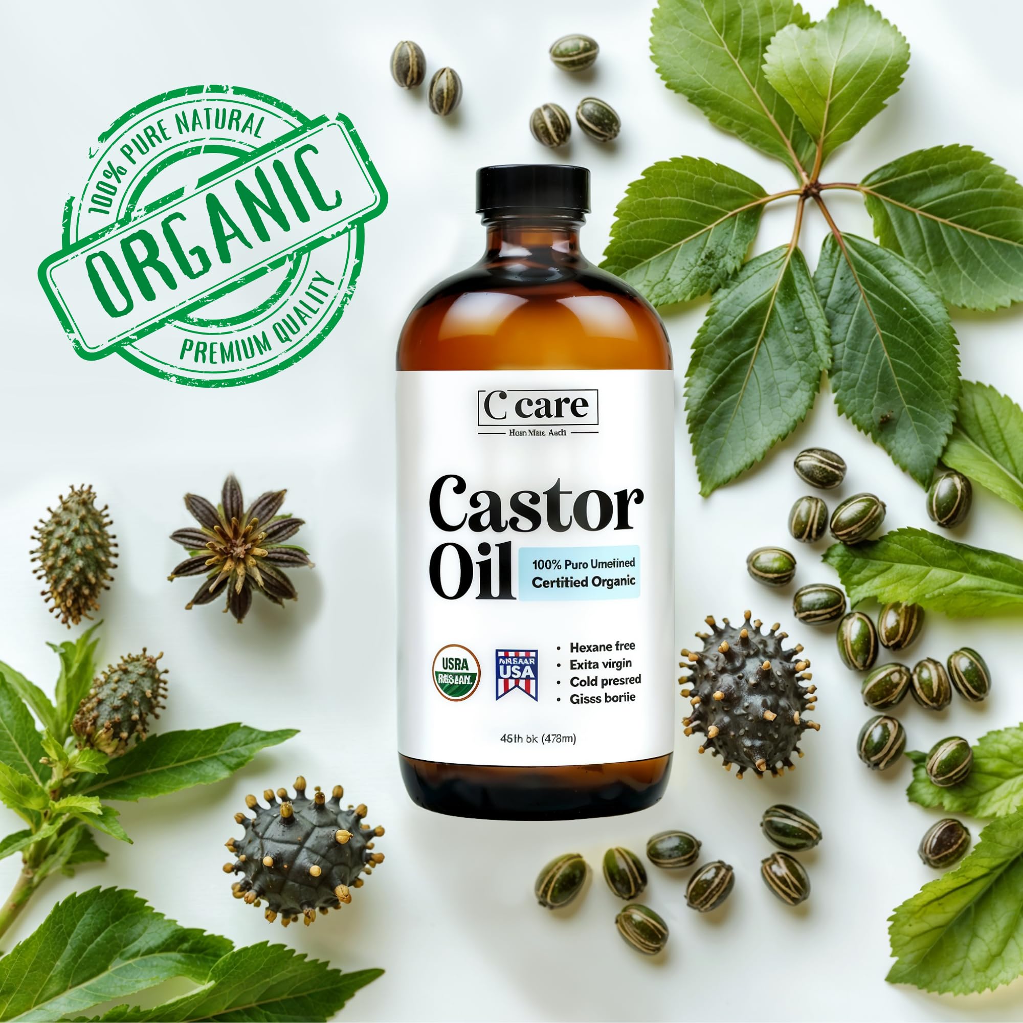 C CARE castor oil amber bottle on vanity signals skincare readiness