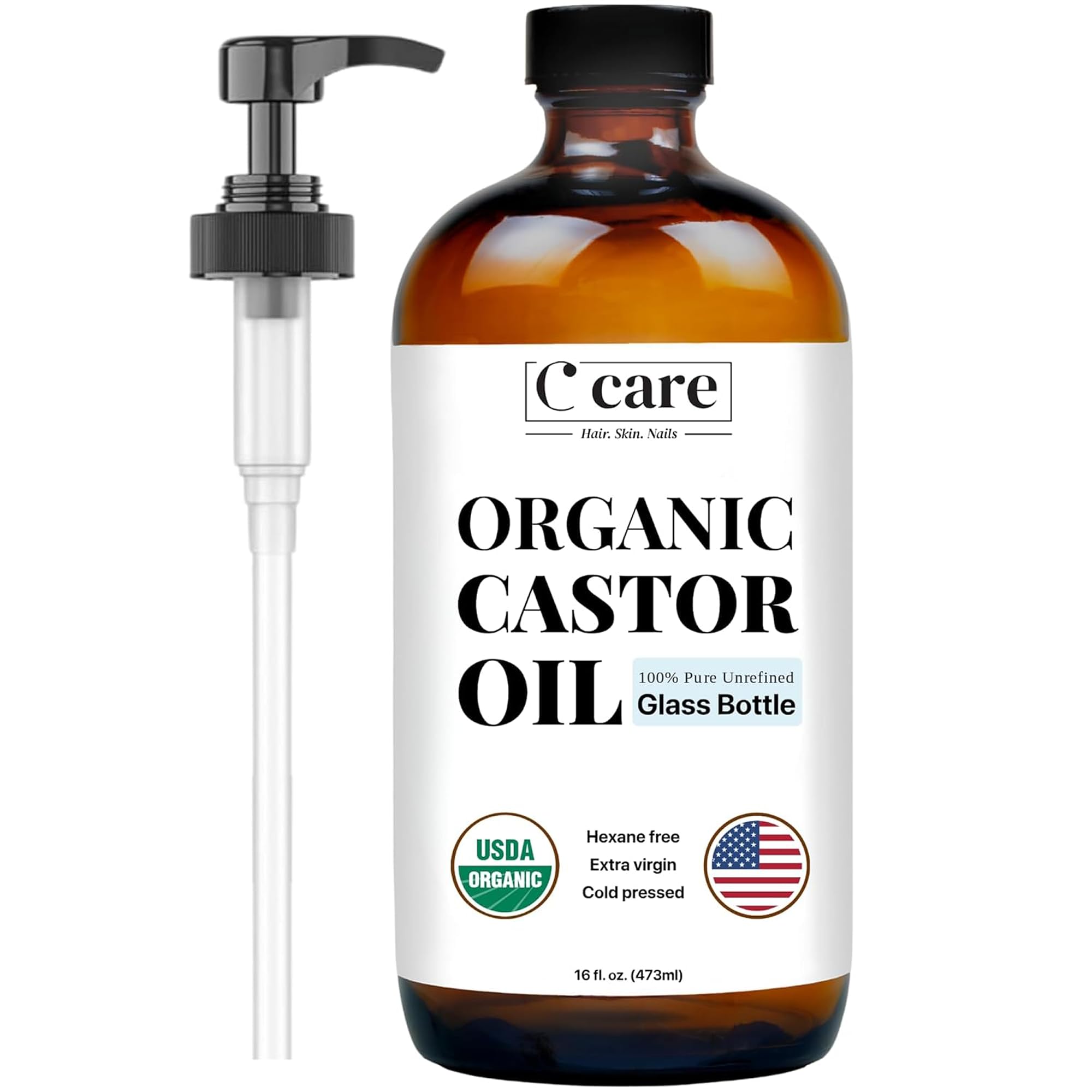CCARE castor oil bottle with pump supports hair, skin, and lash care.