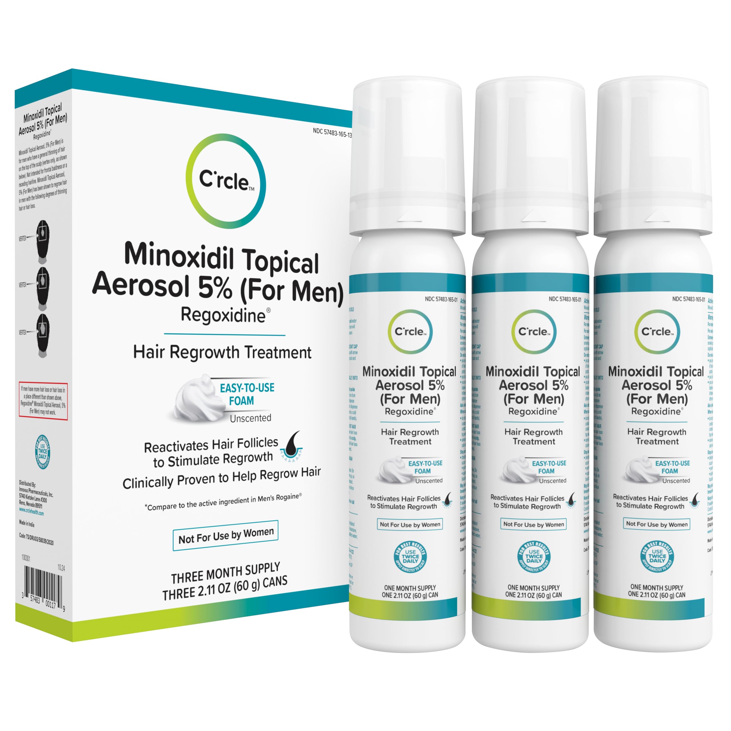 C'rcle Minoxidil Foam 5% unscented bottle for mess-free application