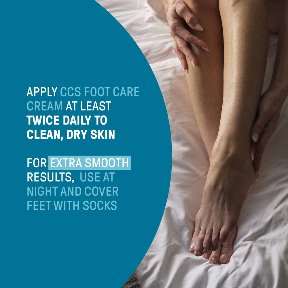 CCS Foot Care Cream 60ml on heel area demonstrating application on dry skin.