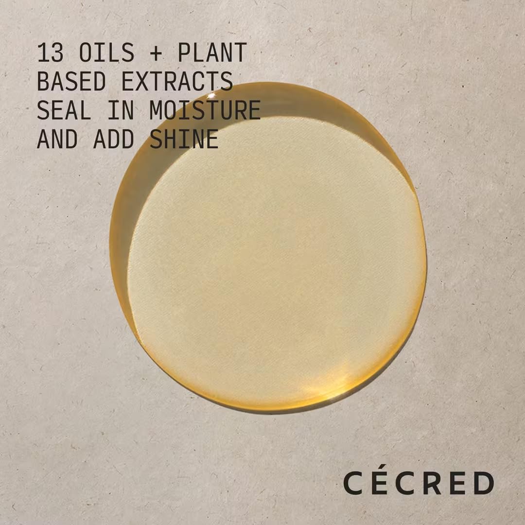 Cécred Nourishing Hair Oil pour detail illustrating quick absorption and frizz control.