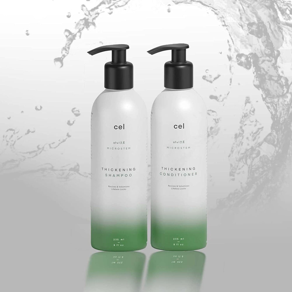 Cel Microstem shampoo bottle, sulfate-free formula for thicker-looking hair.