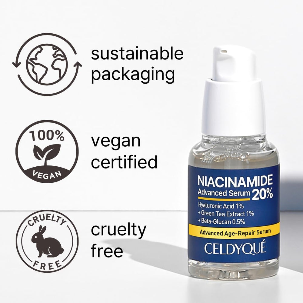 CELDYQUE Niacinamide 20% serum dropper dispensing precise amount for gentle pore care.