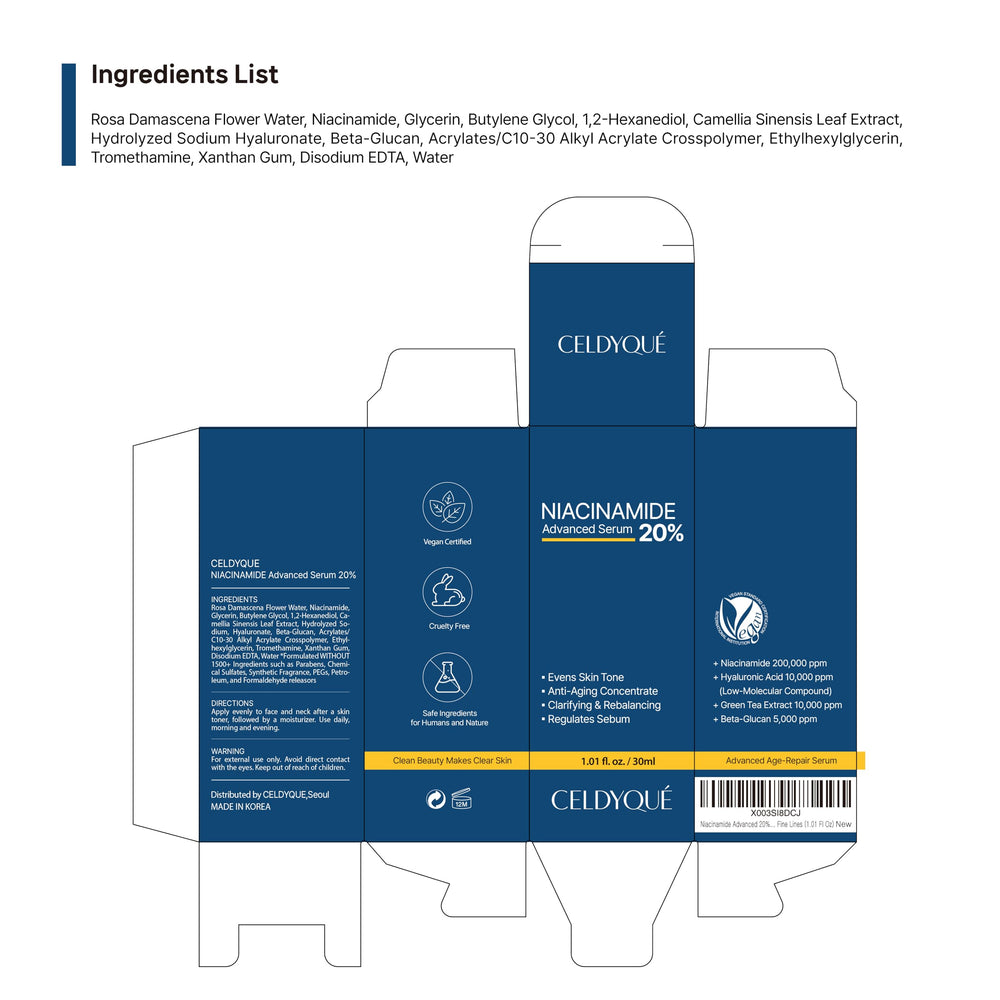 CELDYQUE Niacinamide Serum packaging box highlights vegan, fragrance-free formula.