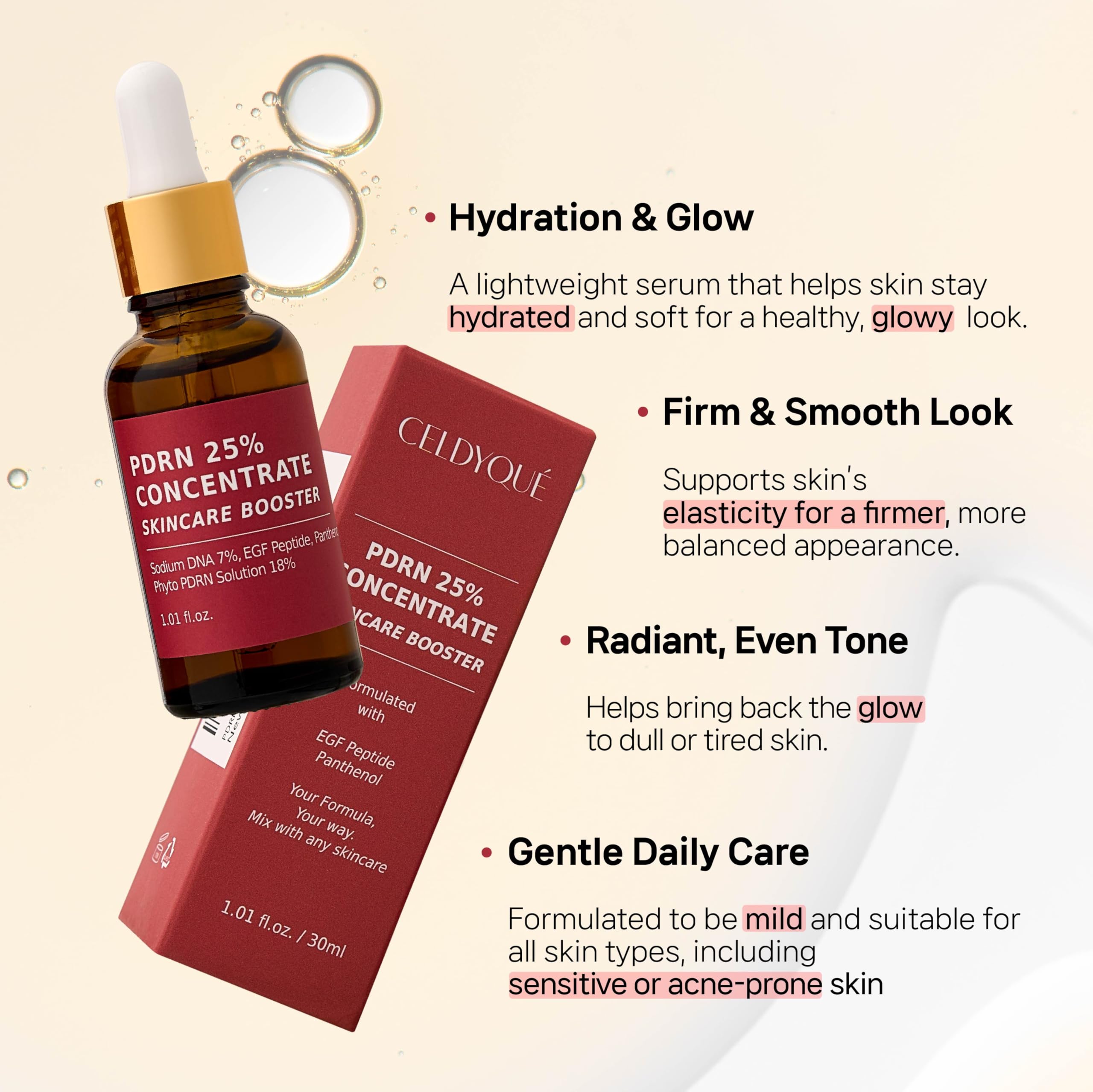 CELDYQUE Panthenol hydration drops provide moisture boost.