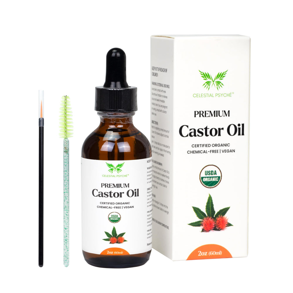 Celestial Psyché castor oil bottle for hair and skin care.