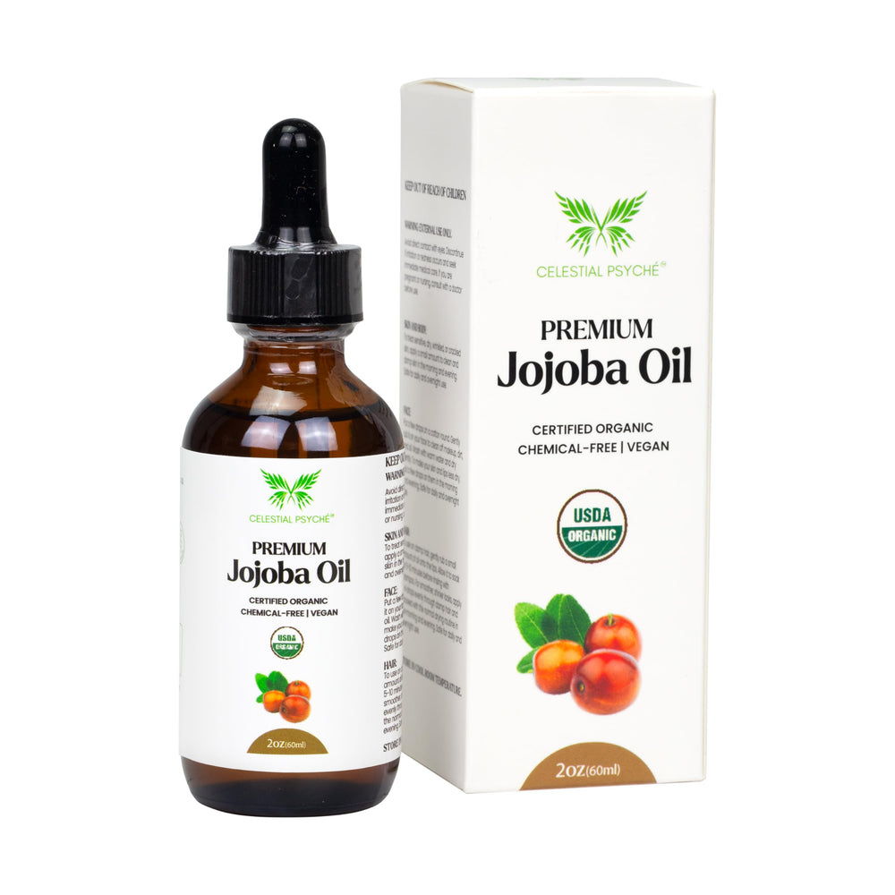 Celestial Psyché Jojoba Oil bottle close-up for skin hydration and hair nourishment