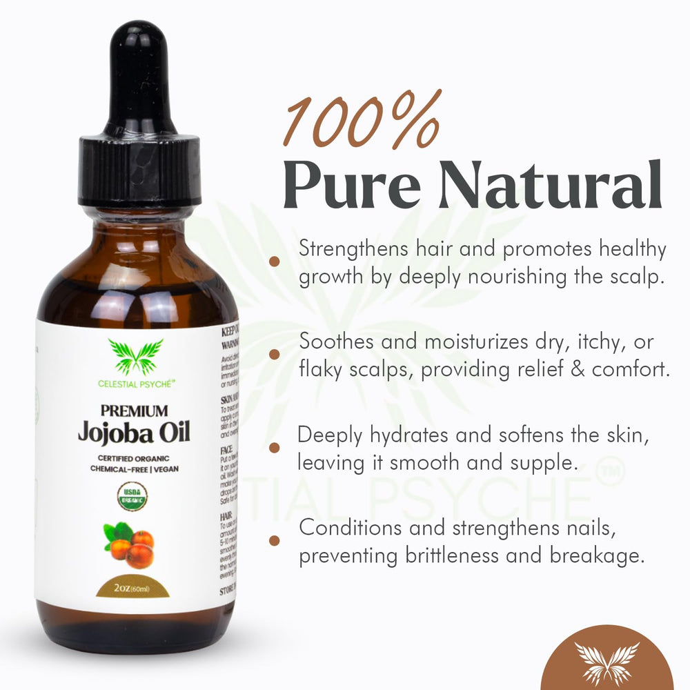 Celestial Psyché Jojoba Oil 2 oz label highlighting purity and hexane-free formula