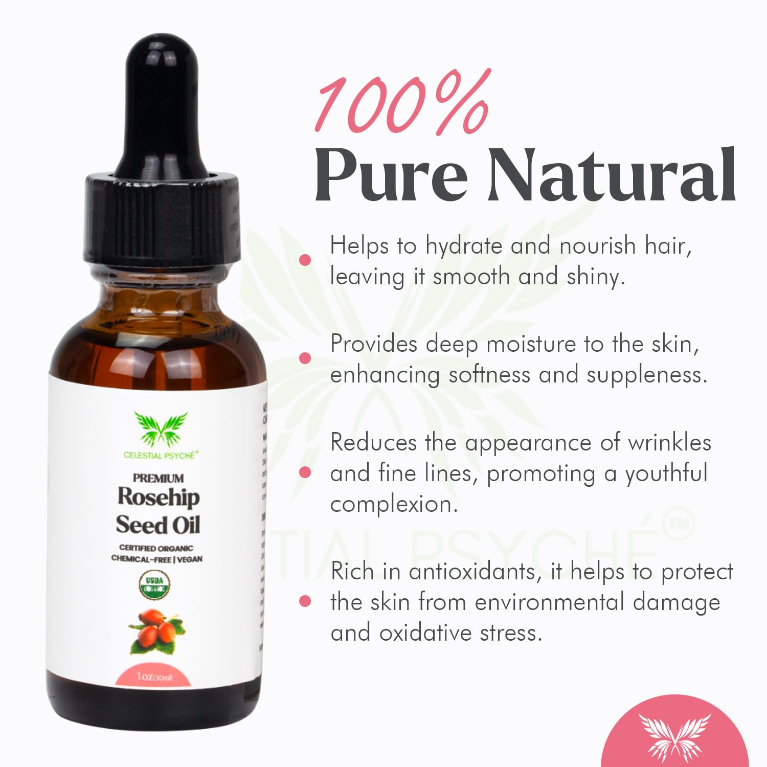 Celestial Psyché rosehip oil dropper ready for precise application.