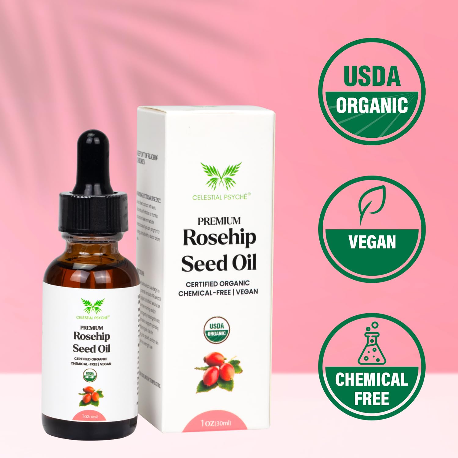 Celestial Psyché rosehip oil packaging box showing USDA organic certification.