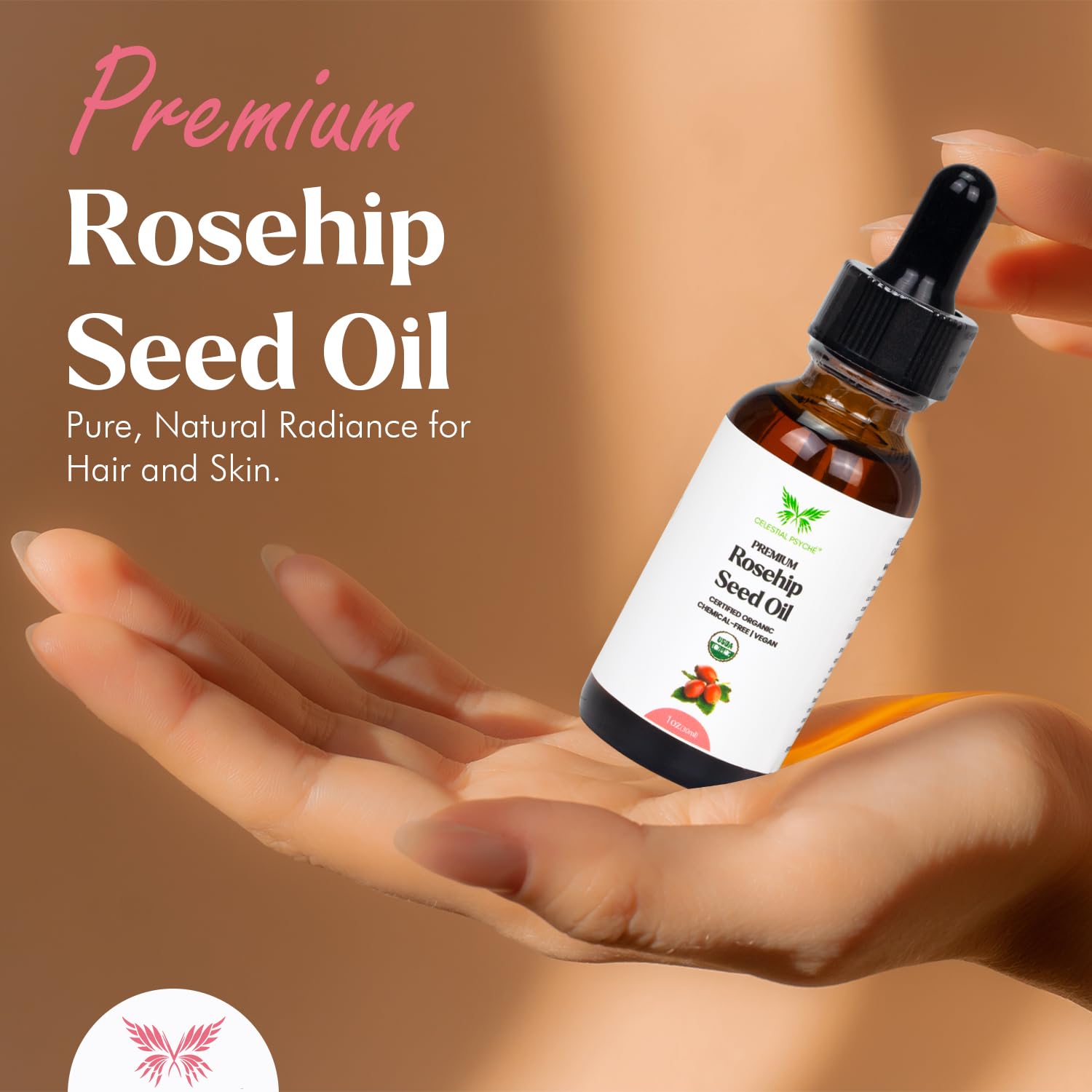 Close-up of Celestial Psyché rosehip seeds highlighting natural skincare ingredients.