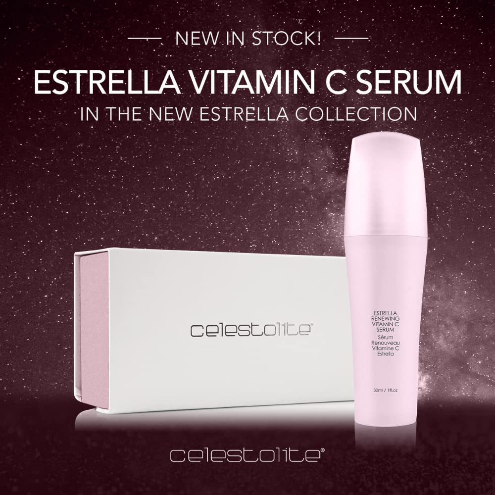 Celestolite Estrella serum packaging and product box shown.