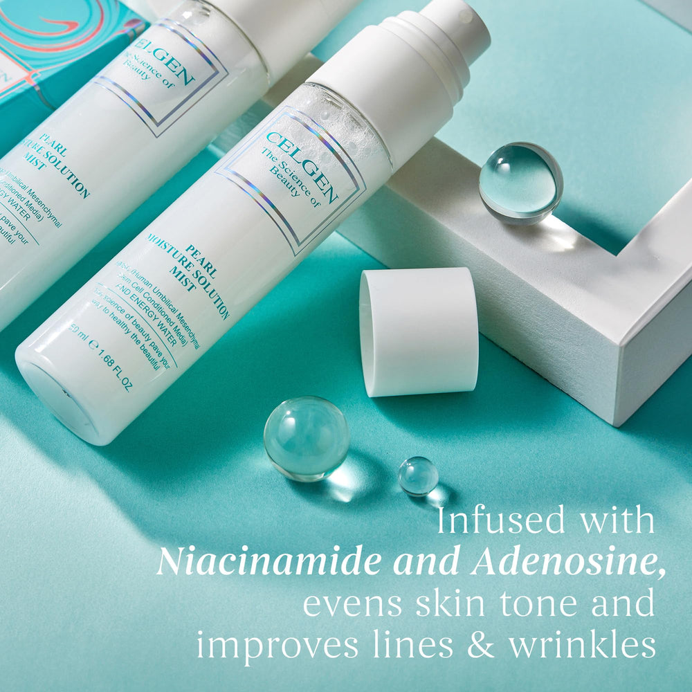 User applying Celgen mist for a breathable dewy glow