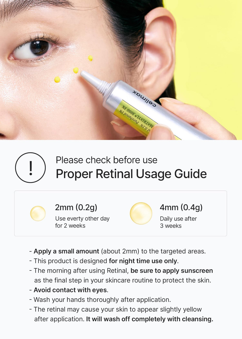 Celimax Vita A Retinal Shot Duo packaging and inserts highlight the beginner-friendly usage and tips.