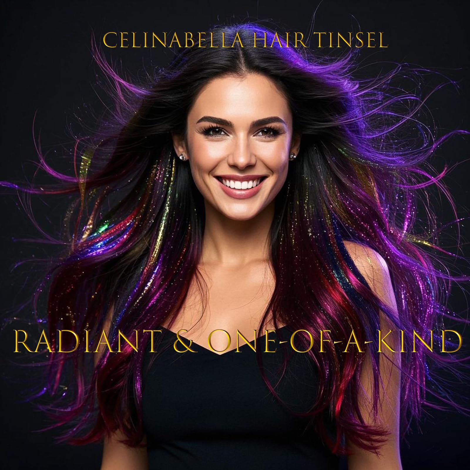 Celinabella close-up of holographic fibers reveals radiant metallic shimmer.