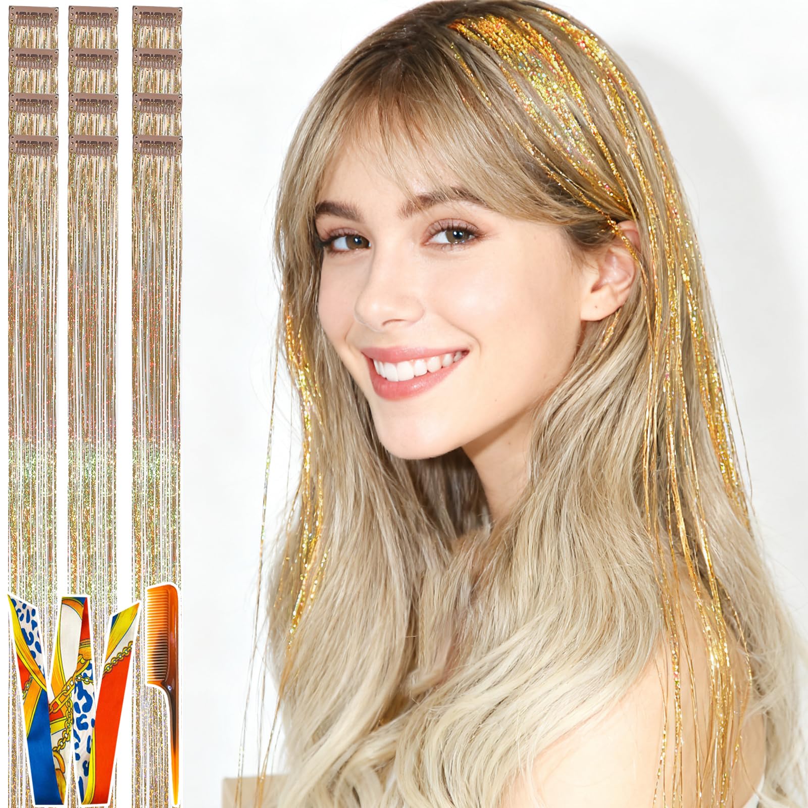 Celinabella gold holographic clip-in tinsel with 70 fibers for fuller coverage.