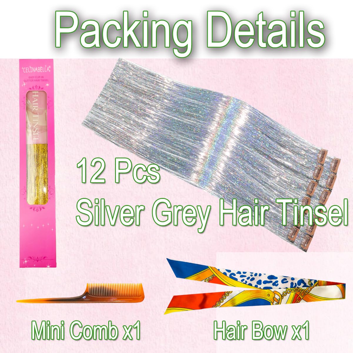 Celinabella laser silver tinsel clip-in long 24 inch length blends with extended hairstyles.