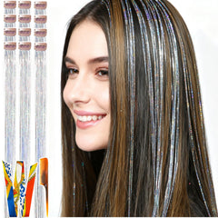 Celinabella laser silver tinsel clip-in shows vibrant 70-strand fullness for festival looks.