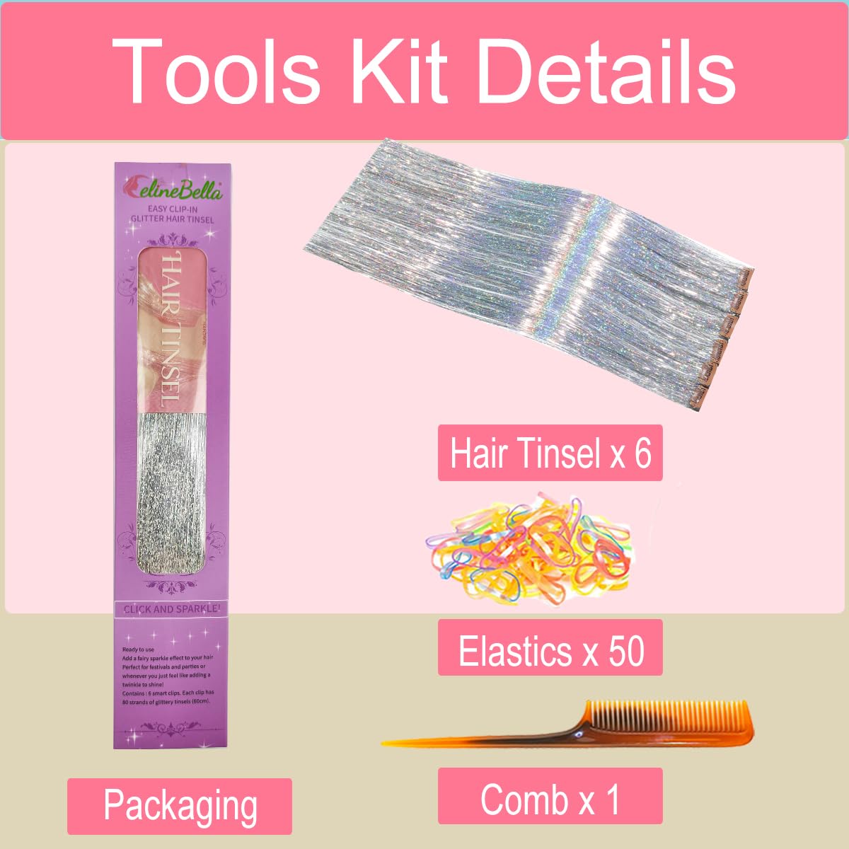 CelineBella 80-strands-per-piece tinsel extensions deliver dense sparkle with easy styling