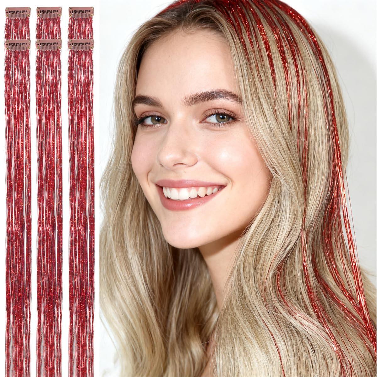 CelineBella clip-in red hair tinsel 24in close-up shows dense shimmering strands for extra sparkle