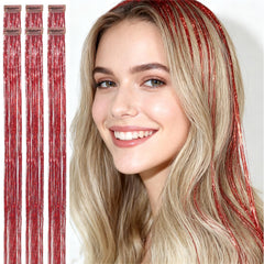 CelineBella clip-in red hair tinsel 24in close-up shows dense shimmering strands for extra sparkle