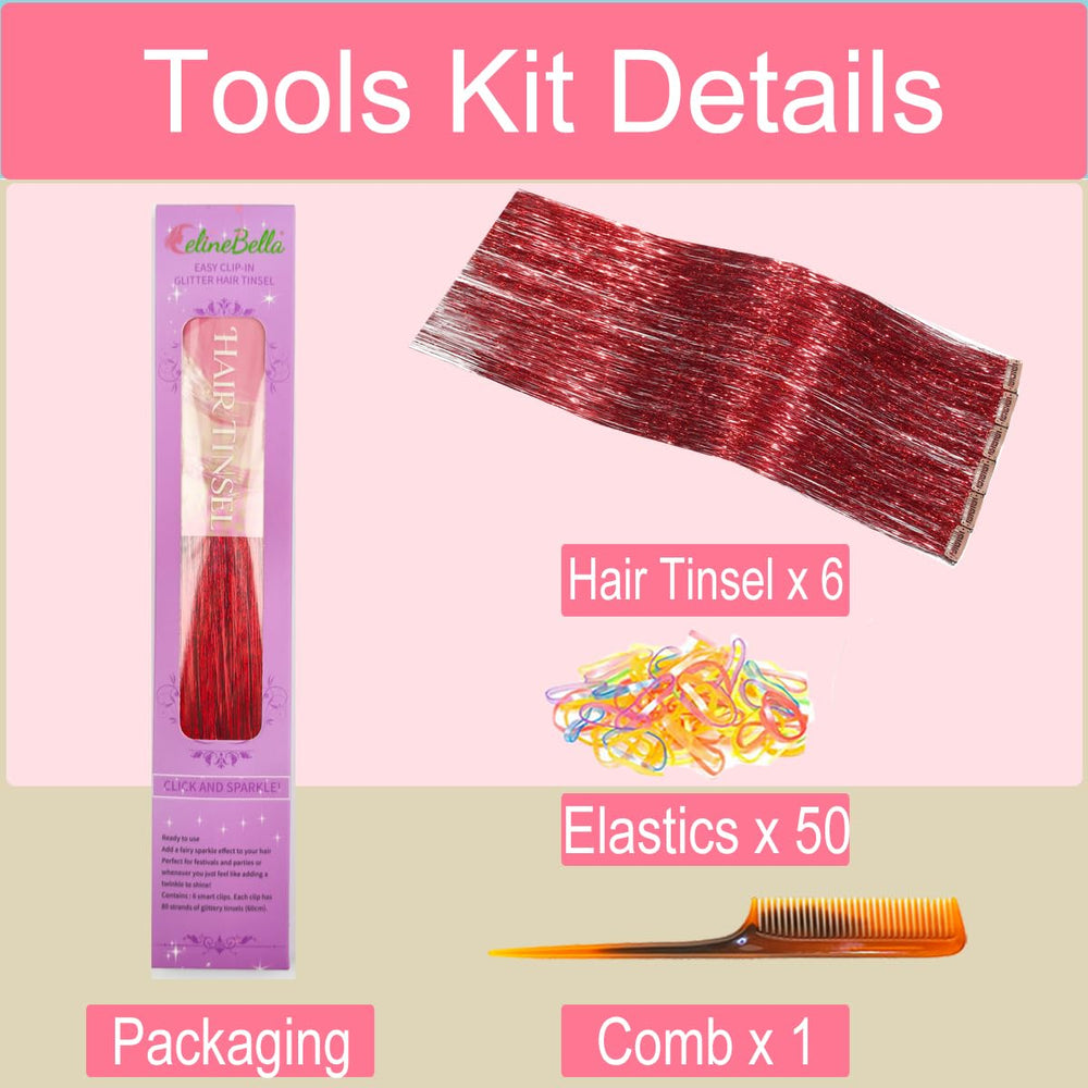 CelineBella red hair tinsel 24in full-look demonstrates dramatic length for cosplay and events
