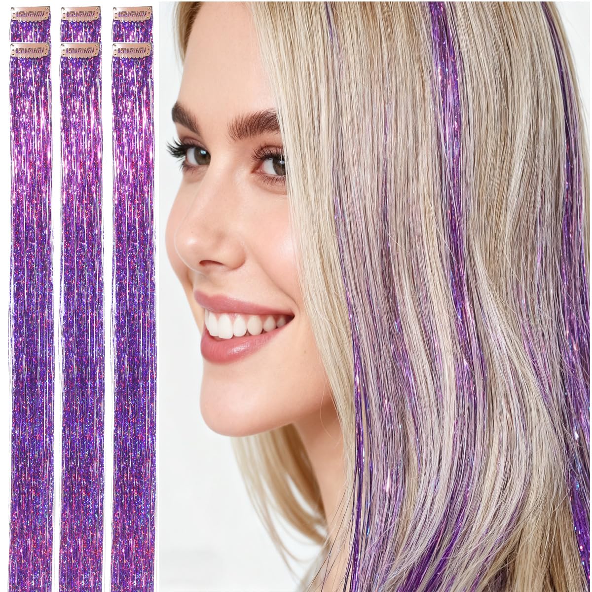 CelineBella purple tinsel hair extensions clip-in 24 inch for dramatic party looks