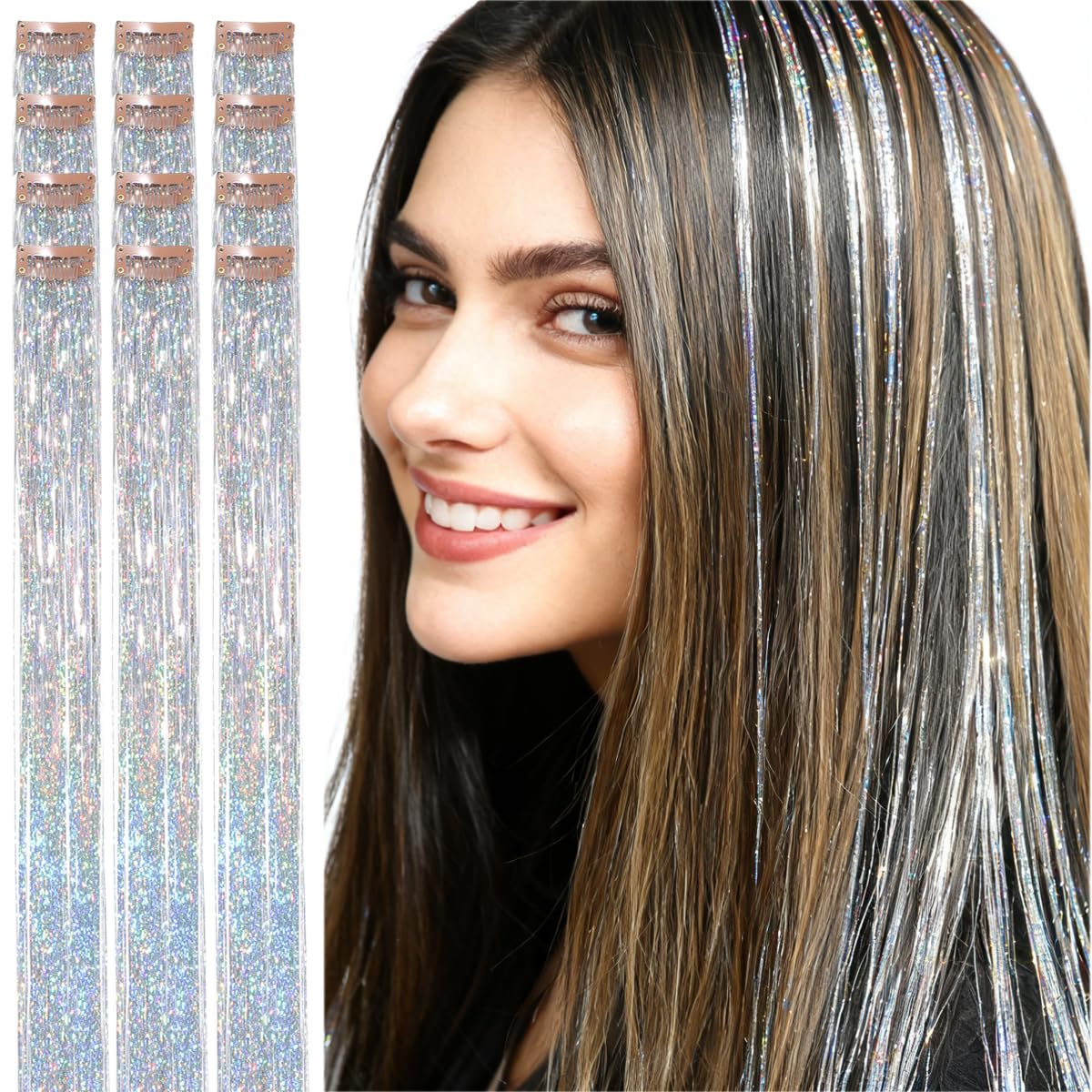 CelineBella silver hair tinsel 24 inch adds dense, bright sparkle for events
